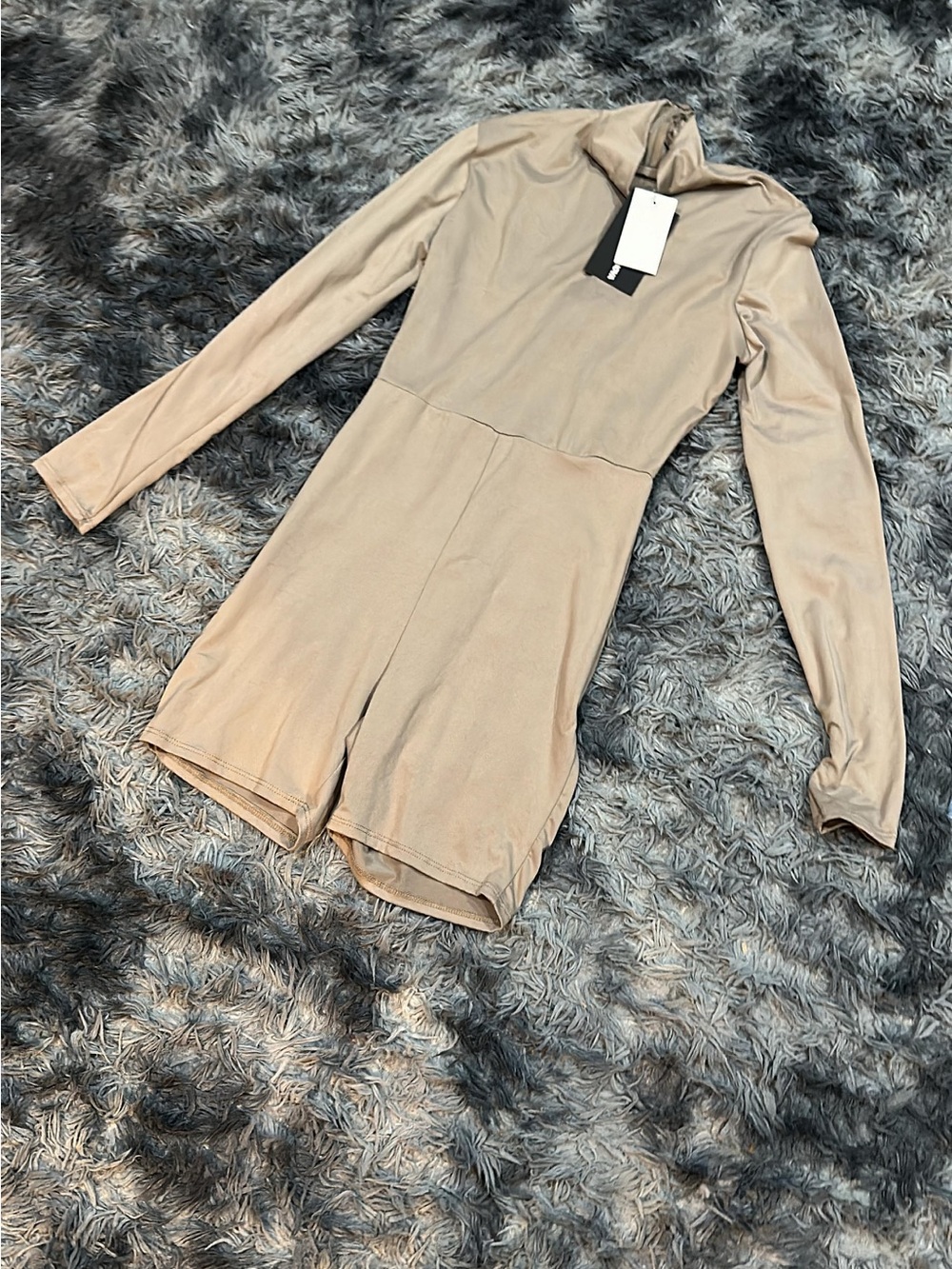 Fashion Nova Bodycon Long Sleeve Neutral Beige Romper